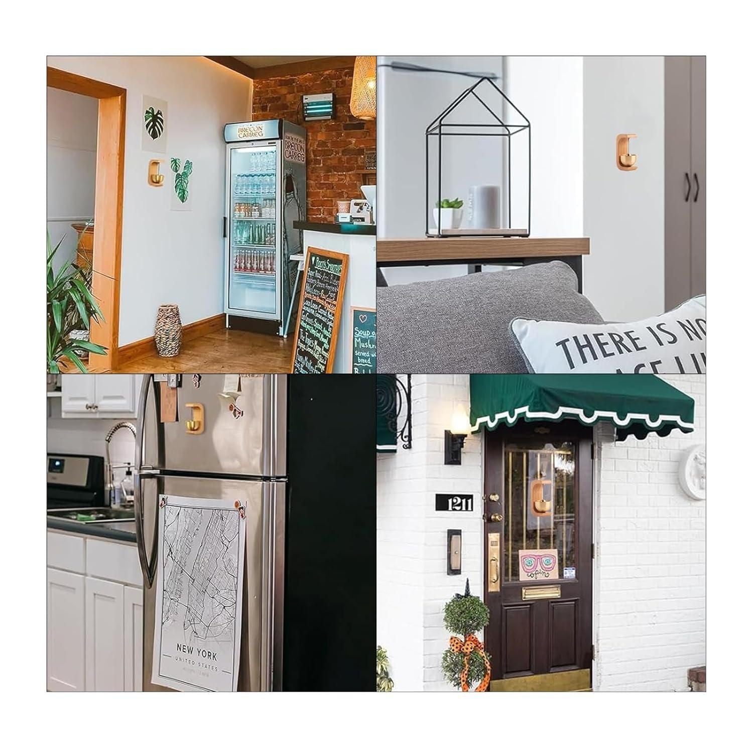 Collage of various interior and exterior scenes including a kitchen, bedroom, and door.